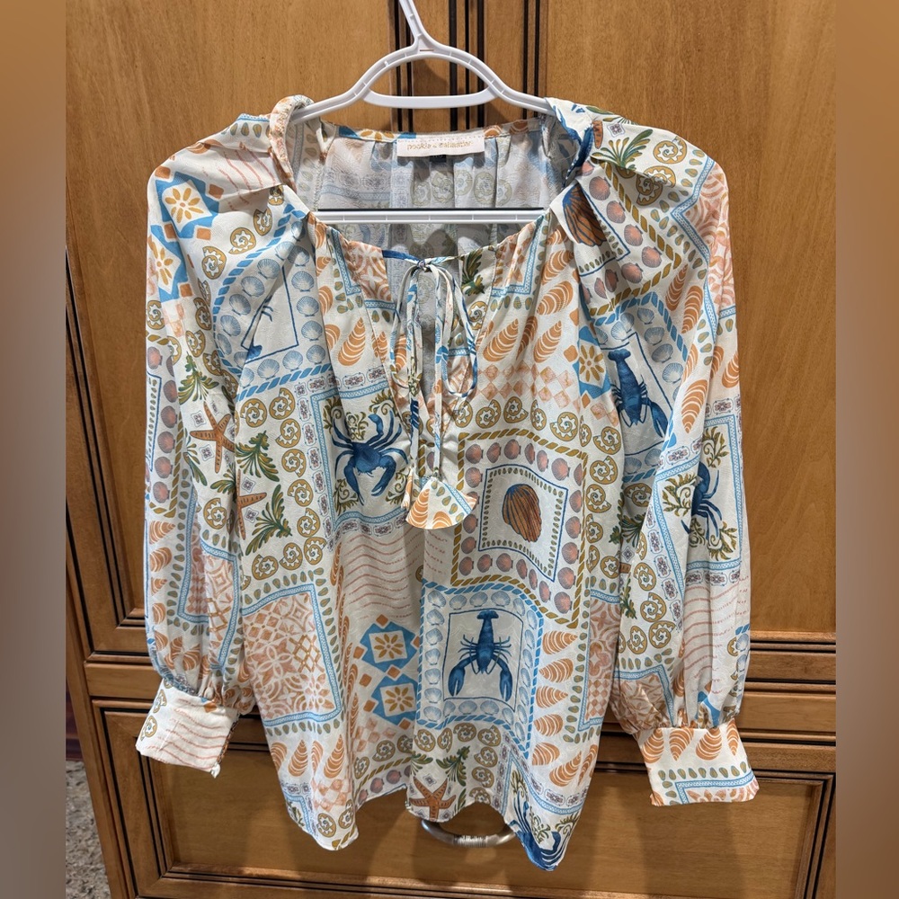 Bohemian Patterned Blouse with Blue and Orange Accents